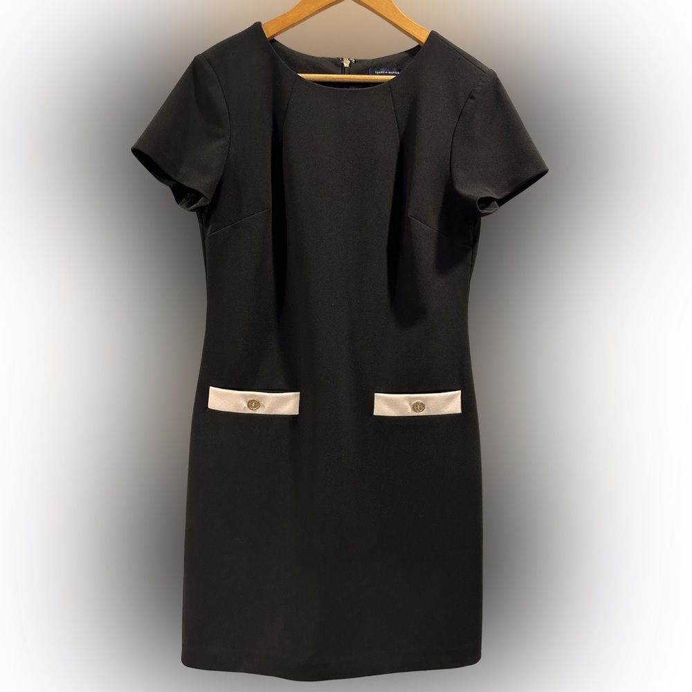 Tommy Hilfiger Short Sleeve Crepe Pocket Detail Shift Dress SIZE 8 Black/White